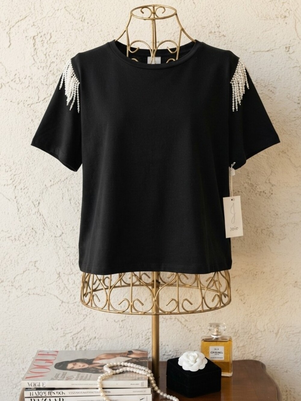 NWT Jolie Black Short Sleeve Top with Pearl Detail - Picture 4 of 8